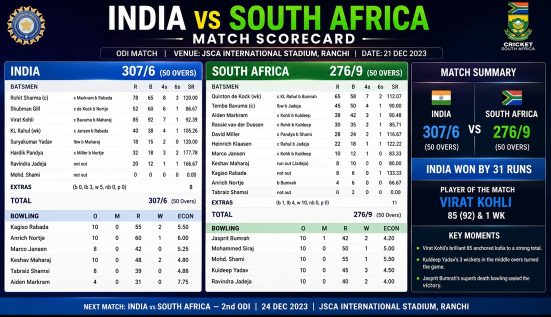 India vs South Africa Match Scorecard