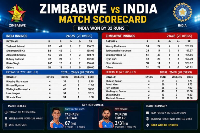 Zimbabwe vs India Match Scorecard: