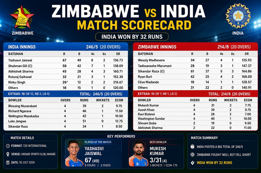 Zimbabwe vs India Match Scorecard: